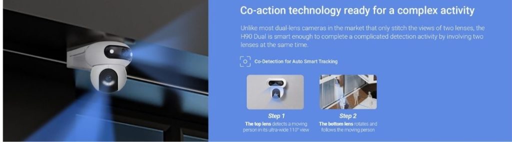 EZVIZ H90 Dual Lens Dual Rotations 2K Pan Tilt 4mp Wi-Fi Camera Co-action technology